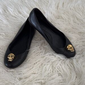 Alexander McQueen Black Flats with Gold Skull Detail